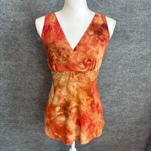 Only Nine Orange Tie Dye V-Neck Empire Waist Sleeveless Top with Embroidery
